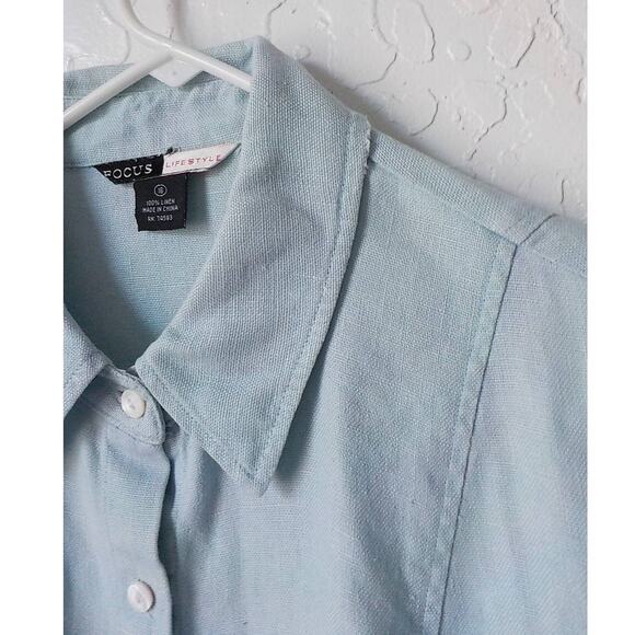 VTG Focus Lifestyle Blue Button Up Shirt Women size 16 100% Linen Long Sleeves - Picture 5 of 15